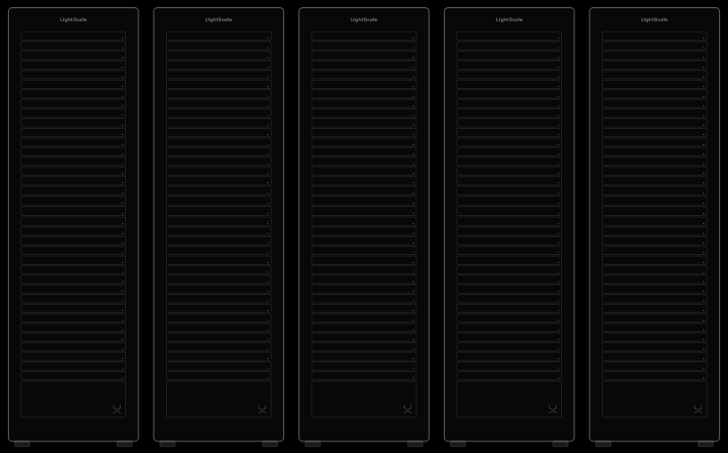 Front elevation of the rack-scale system: five identical 42U cabinets side by side, each face a clean stack of blanking panels — thirty-two Photon-1 compute nodes and four Scale-1 switches behind them — with the LightScale mark on the base panel